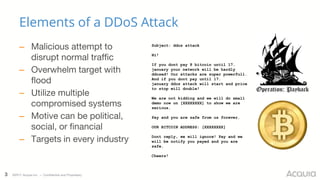3 ©2017 Acquia Inc. — Confidential and Proprietary
Elements of a DDoS Attack
– Malicious attempt to
disrupt normal traffic
– Overwhelm target with
flood
– Utilize multiple
compromised systems
– Motive can be political,
social, or financial
– Targets in every industry
Subject: ddos attack
Hi!
If you dont pay 8 bitcoin until 17.
january your network will be hardly
ddosed! Our attacks are super powerfull.
And if you dont pay until 17.
january ddos attack will start and price
to stop will double!
We are not kidding and we will do small
demo now on [XXXXXXXX] to show we are
serious.
Pay and you are safe from us forever.
OUR BITCOIN ADDRESS: [XXXXXXXX]
Dont reply, we will ignore! Pay and we
will be notify you payed and you are
safe.
Cheers!
 