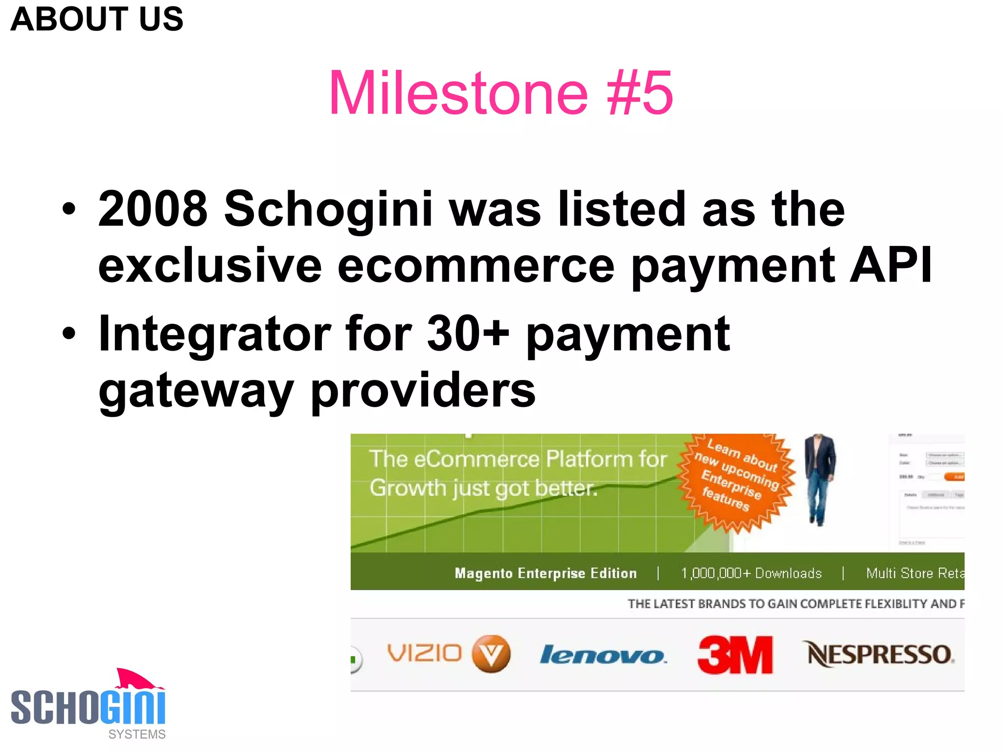 Milestone #5 2008 Schogini was listed as the exclusive ecommerce payment API Integrator for 30+ payment gateway providers ABOUT US 