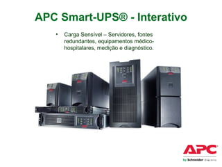 APC Smart-UPS® - Interativo
• Carga Sensível – Servidores, fontes
redundantes, equipamentos médico-
hospitalares, medição e diagnóstico.
 