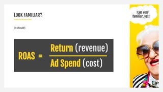 (it should!)
LOOK FAMILIAR?
ROAS =
Return (revenue)
Ad Spend (cost)
__________
I am very
familiar, yes!
 