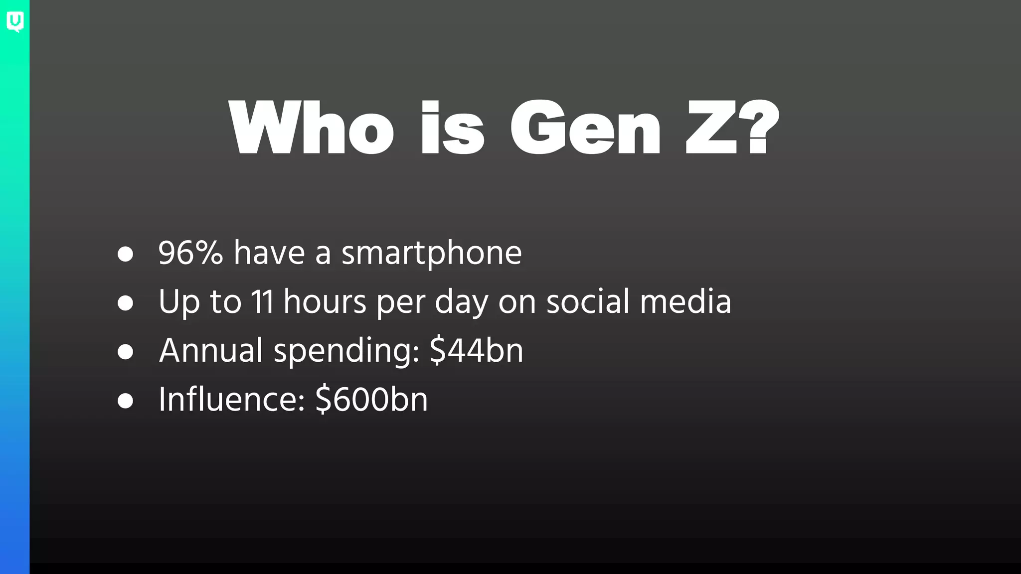 Who is Gen Z?
● 96% have a smartphone
● Up to 11 hours per day on social media
● Annual spending: $44bn
● Influence: $600bn
 