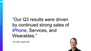 AppleMiniCXStudy:What’swithApple’slatestiPhoneads?
Tim Cook, Apple CEO
“Our Q3 results were driven
by continued strong sales of
iPhone, Services, and
Wearables.”
 
