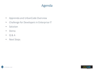APPRENDA.COM
Agenda
• Apprenda and UrbanCode Overview
• Challenge for Developers in Enterprise IT
• Solution
• Demo
• Q & A
• Next Steps
 
