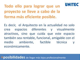 Todo ello para lograr que un
proyecto se lleve a cabo de la
forma más eficiente posible.
Es decir, el Arquitecto en la actualidad no solo
crea espacios diferentes y visualmente
atractivos, sino que cuida que este espacio
también sea rentable, funcional, amigable con el
medio ambiente, factible técnica y
económicamente.
+posibilidades de llegar más lejos profesionalmente
 