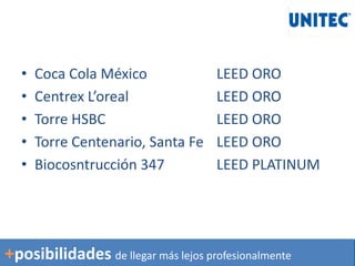 • Coca Cola México LEED ORO
• Centrex L’oreal LEED ORO
• Torre HSBC LEED ORO
• Torre Centenario, Santa Fe LEED ORO
• Biocosntrucción 347 LEED PLATINUM
+posibilidades de llegar más lejos profesionalmente
 
