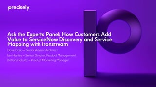 Ask the Experts Panel: How Customers Add
Value to ServiceNow Discovery and Service
Mapping with Ironstream
Dave Cosio – Senior Advisor Architect
Ian Hartley – Senior Director, Product Management
Brittany Schultz – Product Marketing Manager
 