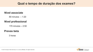 © 2015 Amazon Web Services, Inc. and its affiliates. All rights reserved.
Qual o tempo de duração dos exames?
Nível associate
80 minutos – 1:20
Nível professional
170 minutos – 2:50
Provas beta
3 horas
 