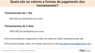 © 2015 Amazon Web Services, Inc. and its affiliates. All rights reserved.
Quais são os valores e formas de pagamento dos
treinamentos?
Treinamentos de 1 dia
450 USD por participante por curso
Treinamentos de 3 dias
1350 USD por participante por curso
Para turmas públicas o pagamento é feito via cartão de crédito diretamente pelo site.
Para turmas privadas, entrar em contato através do e-mail aws-latam-training@amazon.com.
 