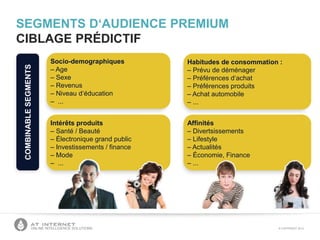 © COPYRIGHT 2013ONLINE INTELLIGENCE SOLUTIONS
Socio-demographiques
– Age
– Sexe
– Revenus
– Niveau d‘éducation
– ...
Habitudes de consommation :
– Prévu de déménager
– Préférences d‘achat
– Préférences produits
– Achat automobile
– ...
Intérêts produits
– Santé / Beauté
– Électronique grand public
– Investissements / finance
– Mode
– ...
Affinités
– Divertsissements
– Lifestyle
– Actualités
– Économie, Finance
– ...
COMBINABLESEGMENTSSEGMENTS D‘AUDIENCE PREMIUM
CIBLAGE PRÉDICTIF
 
