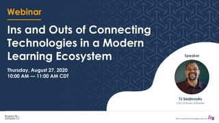 Webinar
Ins and Outs of Connecting
Technologies in a Modern
Learning Ecosystem
Thursday, August 27, 2020
10:00 AM — 11:00 AM CDT
Speaker
TJ Seabrooks
CEO at Rustici Software
 