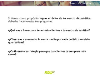 Si tienes como propósito lograr el éxito de tu centro de estética,
deberías hacerte estas tres preguntas:
•¿Qué vas a hacer para tener más clientes a tu centro de estética?
•¿Cómo vas a aumentar la venta media por cada pedido o servicio
que realizas?
•¿Cuál será tu estrategia para que tus clientes te compren más
veces?
Punto de partida
 