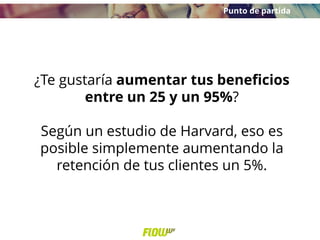 ¿Te gustaría aumentar tus beneficios
entre un 25 y un 95%?
Según un estudio de Harvard, eso es
posible simplemente aumentando la
retención de tus clientes un 5%.
Punto de partida
 