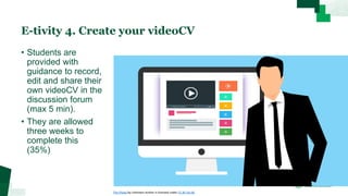 • Students are
provided with
guidance to record,
edit and share their
own videoCV in the
discussion forum
(max 5 min).
• They are allowed
three weeks to
complete this
(35%)
E-tivity 4. Create your videoCV
This Photo by Unknown Author is licensed under CC BY-SA-NC
 