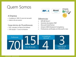 Corpo técnico de 70 profisisonais
 95% alocados na Fábrica de Software
 30% equipe > 5 anos na empresa
Diferenciais
 MPS.BR Nível C
 Gerentes de projetos PMP
 Microsoft Gold Partner
 Amazon AWS Sharepoint Competency
 Profissionais certificados em Microsoft e Java
A Empresa
 Fundada em 1999 (15 anos de mercado)
 Sede no Rio de Janeiro
Quem Somos
 