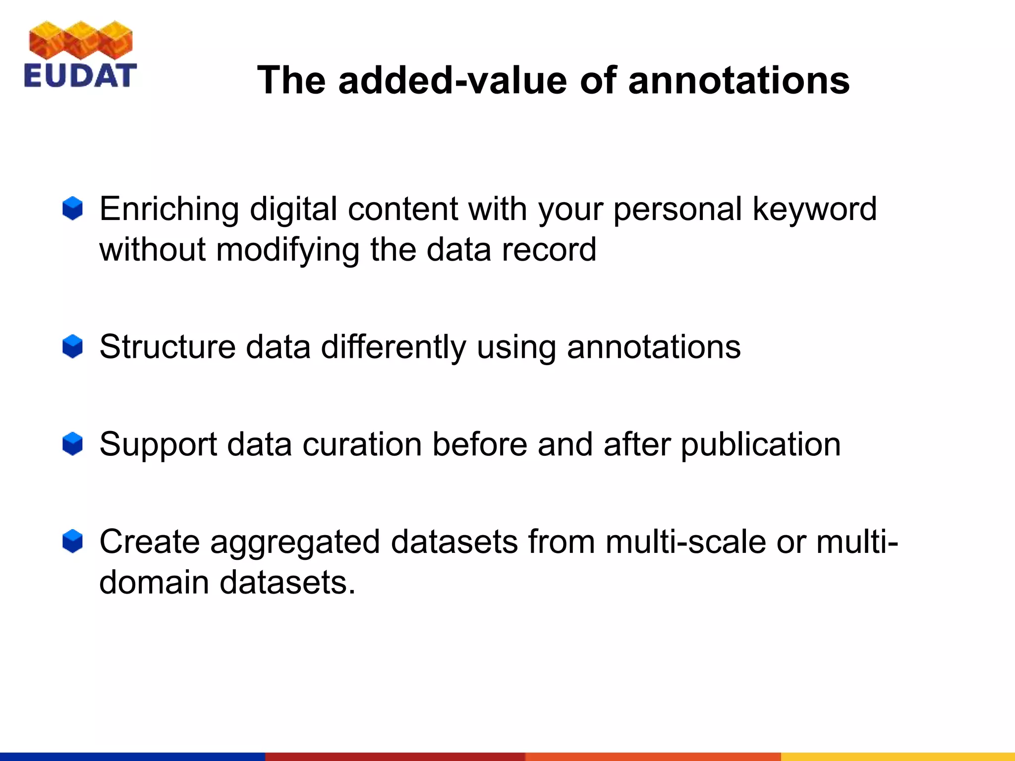 The added-value of annotations
Enriching digital content with your personal keyword
without modifying the data record
Structure data differently using annotations
Support data curation before and after publication
Create aggregated datasets from multi-scale or multi-
domain datasets.
 