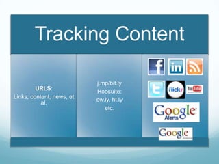 How to Measure:(measure over time)Twitter Mentions:http://search.twitter.comhttp://tweetbeep.comLots of paid tools out thereADVANCED: Your mentions/your mentions + all competitor mentionsSocial Mentions:http://socialmention.comhttp://alerts.google.comhttp://netvibes.comWebsite Traffic from Social Sites:http://analytics.google.comSources: Facebook, Twitter, YouTube, etc.BACK IT ALL UP WITH URL SHORTENING (http://j.mphttp://bit.ly) 