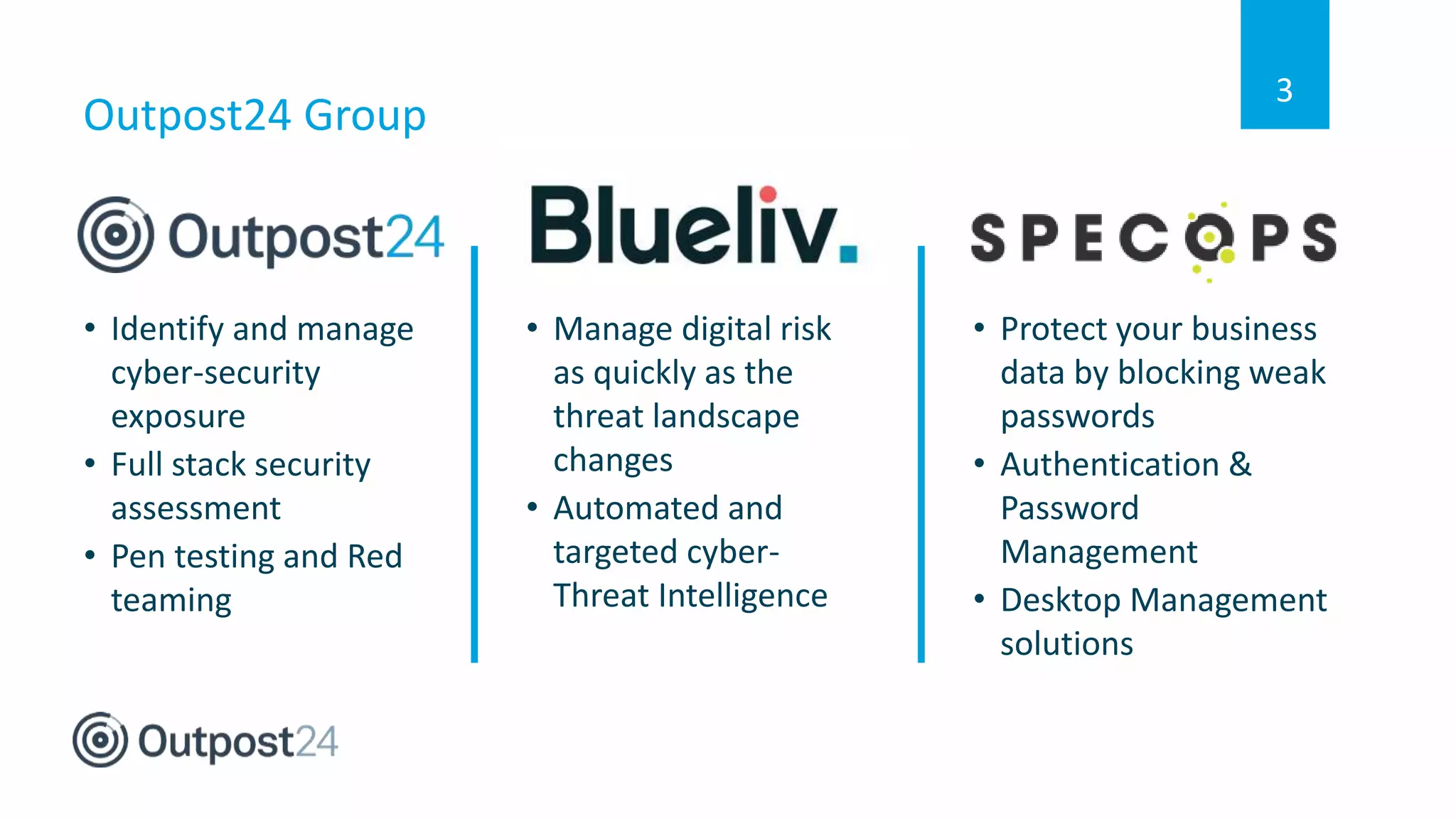 • Identify and manage
cyber-security
exposure
• Full stack security
assessment
• Pen testing and Red
teaming
3
• Protect your business
data by blocking weak
passwords
• Authentication &
Password
Management
• Desktop Management
solutions
• Manage digital risk
as quickly as the
threat landscape
changes
• Automated and
targeted cyber-
Threat Intelligence
Outpost24 Group
 
