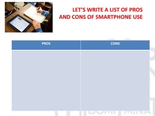 LET’S WRITE A LIST OF PROS
AND CONS OF SMARTPHONE USE
BE SMART, GET MOBILE
ABEL GALVEZ BENITO OCTOBER 2015
PROS CONS
 