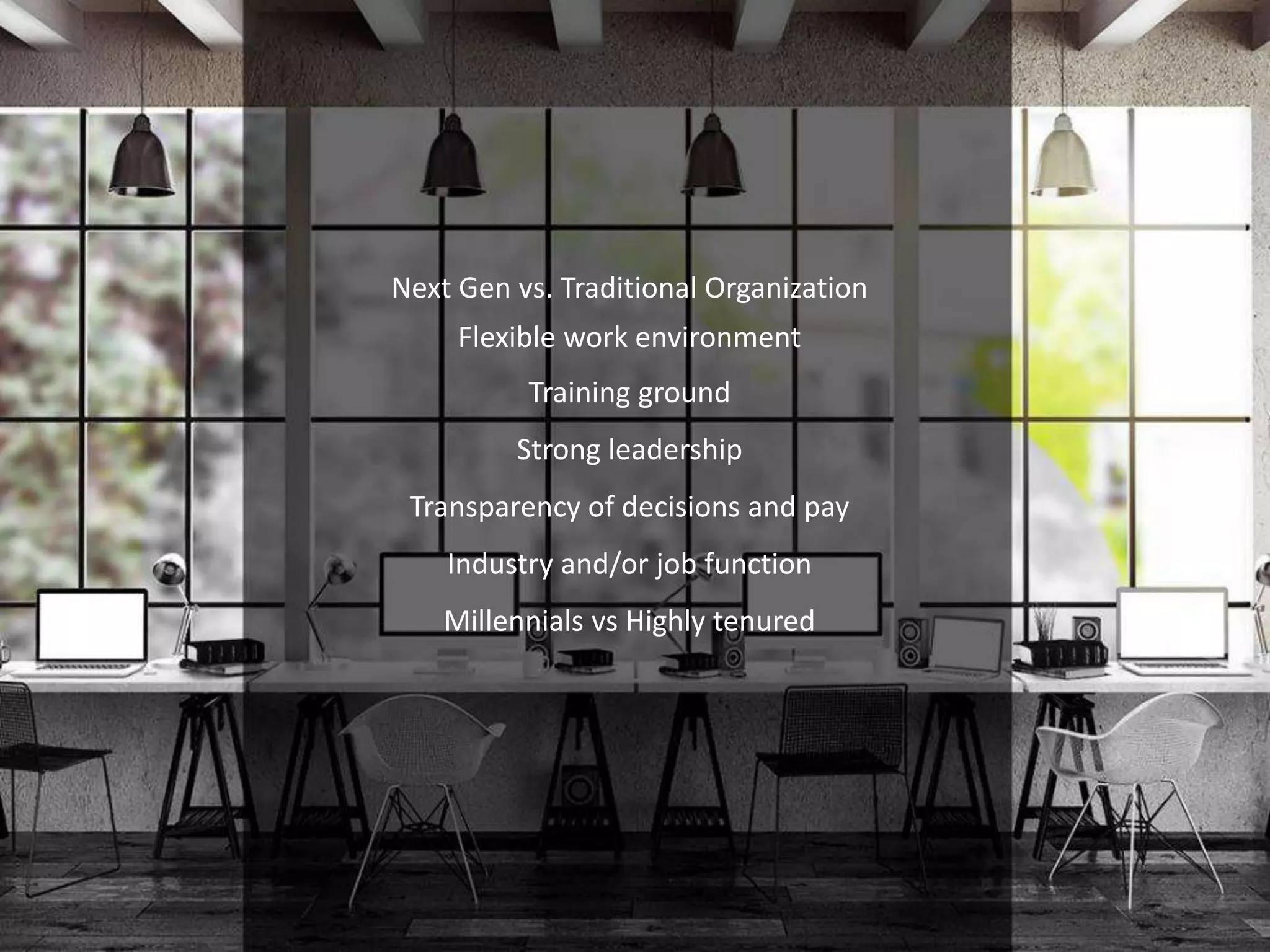 Next Gen vs. Traditional Organization
Flexible work environment
Training ground
Strong leadership
Transparency of decisions and pay
Industry and/or job function
Millennials vs Highly tenured
 