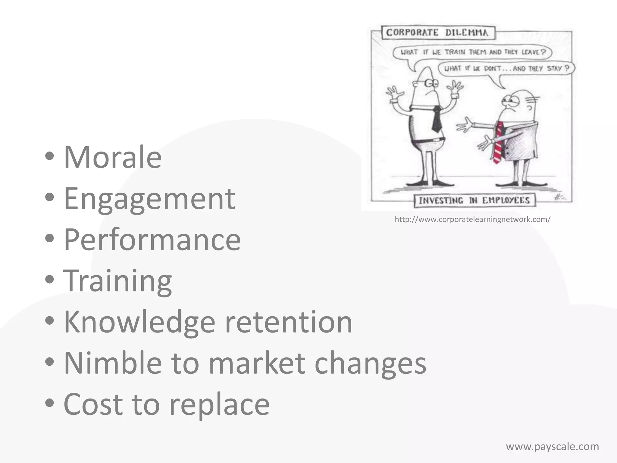 www.payscale.com
• Morale
• Engagement
• Performance
• Training
• Knowledge retention
• Nimble to market changes
• Cost to replace
http://www.corporatelearningnetwork.com/
 
