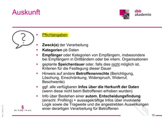Rev.
Stand
3.0
 Pflichtangaben
 Zweck(e) der Verarbeitung
 Kategorien pb Daten
 Empfänger oder Kategorien von Empfängern, insbesondere
bei Empfängern in Drittländern oder bei intern. Organisationen
 geplante Speicherdauer oder, falls dies nicht möglich ist,
Kriterien für die Festlegung dieser Dauer
 Hinweis auf andere Betroffenenrechte (Berichtigung,
Löschung, Einschränkung, Widerspruch, Widerruf,
Beschwerde)
 ggf. alle verfügbaren Infos über die Herkunft der Daten
(wenn diese nicht beim Betroffenen erhoben wurden)
 Info über Bestehen einer autom. Entscheidungsfindung
(einschl. Profiling) + aussagekräftige Infos über involvierte
Logik sowie die Tragweite und die angestrebten Auswirkungen
einer derartigen Verarbeitung für Betroffenen
Auskunft
15
§
Art. 15 Abs. 1 lit. a-h)
 