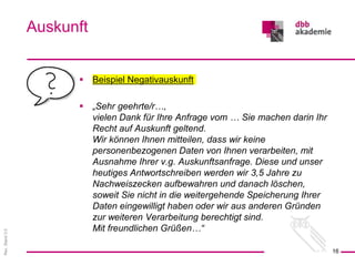 Rev.
Stand
3.0
 Beispiel Negativauskunft
 „Sehr geehrte/r…,
vielen Dank für Ihre Anfrage vom … Sie machen darin Ihr
Recht auf Auskunft geltend.
Wir können Ihnen mitteilen, dass wir keine
personenbezogenen Daten von Ihnen verarbeiten, mit
Ausnahme Ihrer v.g. Auskunftsanfrage. Diese und unser
heutiges Antwortschreiben werden wir 3,5 Jahre zu
Nachweiszecken aufbewahren und danach löschen,
soweit Sie nicht in die weitergehende Speicherung Ihrer
Daten eingewilligt haben oder wir aus anderen Gründen
zur weiteren Verarbeitung berechtigt sind.
Mit freundlichen Grüßen…“
Auskunft
16
 