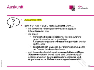 Rev.
Stand
3.0
 Ausnahmen [2/2]
 gem. § 34 Abs. 1 BDSG keine Auskunft, wenn…
 die betroffene Person [ausnahmsweise] nicht zu
informieren ist, oder
 die Daten
 nur deshalb gespeichert sind, weil sie aufgrund
gesetzlicher oder satzungsmäßiger
Aufbewahrungsvorschriften nicht gelöscht werden
dürfen, oder
 ausschließlich Zwecken der Datensicherung oder
der Datenschutzkontrolle dienen
 und die Auskunftserteilung einen unverhältnismäßigen
Aufwand erfordern würde sowie eine Verarbeitung zu
anderen Zwecken durch geeignete technische und
organisatorische Maßnahmen ausgeschlossen ist.
Auskunft
19
 