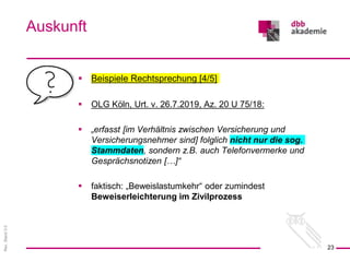 Rev.
Stand
3.0
 Beispiele Rechtsprechung [4/5]
 OLG Köln, Urt. v. 26.7.2019, Az. 20 U 75/18:
 „erfasst [im Verhältnis zwischen Versicherung und
Versicherungsnehmer sind] folglich nicht nur die sog.
Stammdaten, sondern z.B. auch Telefonvermerke und
Gesprächsnotizen […]“
 faktisch: „Beweislastumkehr“ oder zumindest
Beweiserleichterung im Zivilprozess
Auskunft
23
 