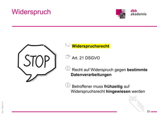 Rev.
Stand
3.0
Widerspruchsrecht
Art. 21 DSGVO
Recht auf Widerspruch gegen bestimmte
Datenverarbeitungen
Betroffener muss frühzeitig auf
Widerspruchsrecht hingewiesen werden
Widerspruch
33
 