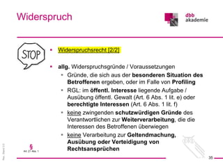 Rev.
Stand
3.0
 Widerspruchsrecht [2/2]
 allg. Widerspruchsgründe / Voraussetzungen
 Gründe, die sich aus der besonderen Situation des
Betroffenen ergeben, oder im Falle von Profiling
 RGL: im öffentl. Interesse liegende Aufgabe /
Ausübung öffentl. Gewalt (Art. 6 Abs. 1 lit. e) oder
berechtigte Interessen (Art. 6 Abs. 1 lit. f)
 keine zwingenden schutzwürdigen Gründe des
Verantwortlichen zur Weiterverarbeitung, die die
Interessen des Betroffenen überwiegen
 keine Verarbeitung zur Geltendmachung,
Ausübung oder Verteidigung von
Rechtsansprüchen
Widerspruch
35
§
Art. 21 Abs. 1
 