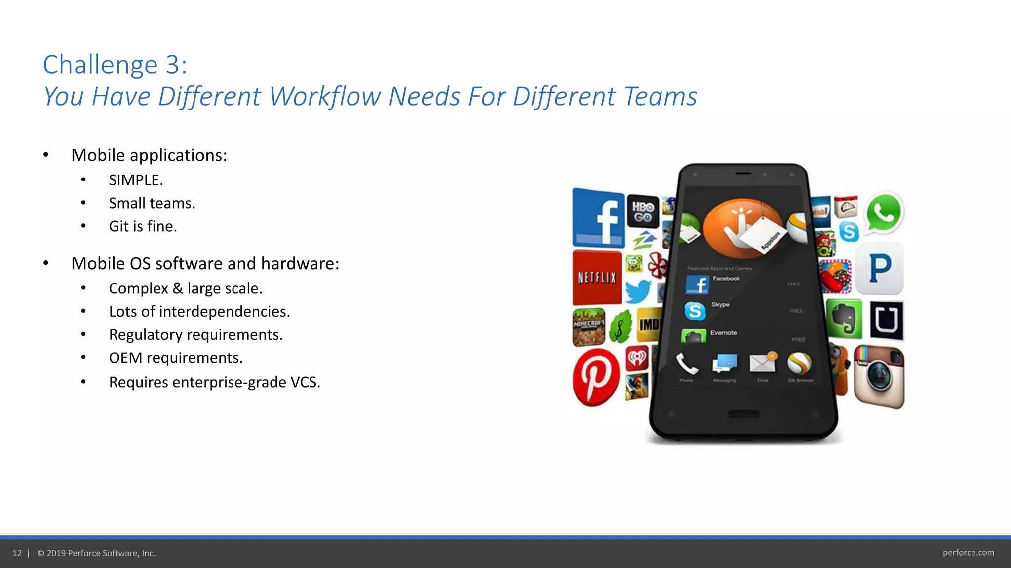 perforce.com12 | © 2020 Perforce Software, Inc.
Challenge 3:
You Have Different Workflow Needs For Different Teams
• Mobile applications:
• SIMPLE.
• Small teams.
• Git is fine.
• Mobile OS software and hardware:
• Complex & large scale.
• Lots of interdependencies.
• Regulatory requirements.
• OEM requirements.
• Requires enterprise-grade VCS.
 