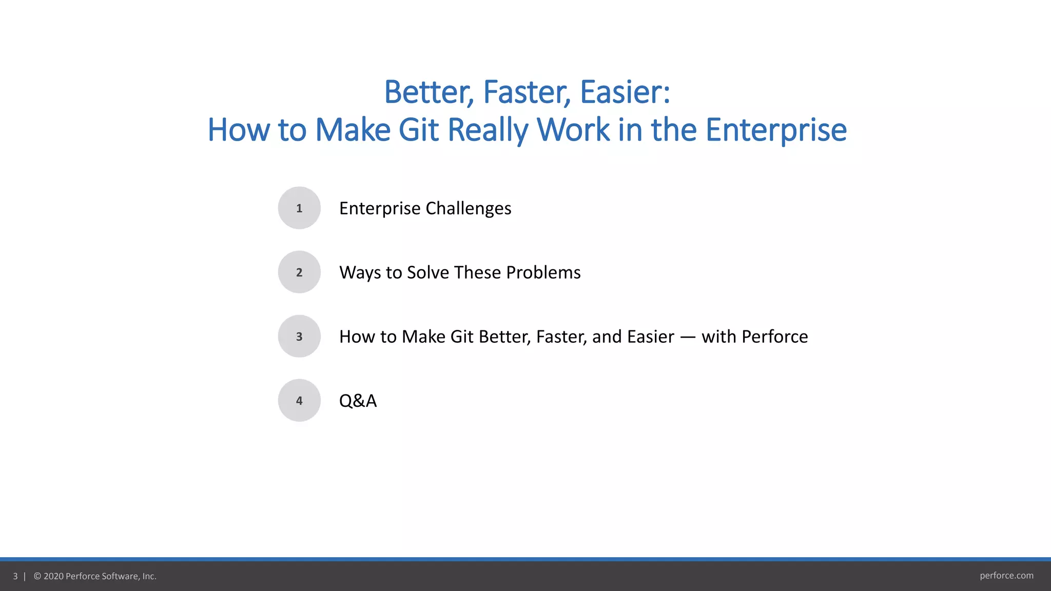 perforce.com3 | © 2020 Perforce Software, Inc.
Better, Faster, Easier:
How to Make Git Really Work in the Enterprise
1
2
3
4
Enterprise Challenges
Ways to Solve These Problems
How to Make Git Better, Faster, and Easier — with Perforce
Q&A
 