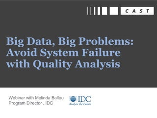 Webinar with Melinda Ballou
Program Director , IDC
Big Data, Big Problems:
Avoid System Failure
with Quality Analysis
 