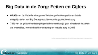 Big Data in de Zorg
Big Data in de Zorg: Feiten en Cijfers
● 61,9% van de Nederlandse gezondheidsorganisaties geeft aan dat de
mogelijkheden van Big Data groot zijn voor de gezondheidszorg
● 70% van de gezondheidszorgorganisaties wereldwijd gaat investeren in zaken
als wearables, remote health monitoring en virtuele zorg in 2018
Bronnen: onderzoek GoDataDriven (2016), IDC Reveal Health Insights Predicitions (2014)
 