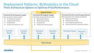 13© Cloudera, Inc. All rights reserved.
Deployment Patterns: BI/Analytics in the Cloud
Three Architecture Options to Optimize Price/Performance
Object Storage
Transient
Cluster
Transient BI (infrequent usage)
Spin up clusters when needed
● On-demand instances
● Usage-based pricing
● Grow/shrink
● Cluster per tenant or user
Persistent BI (regular usage)
Persistent clusters for BI any time
● Reserved instances
● Node-based pricing
● Grow/shrink
● Cluster per tenant group
Persistent
Cluster
Persistent BI with Local Storage (fastest)
Max speed for more regular workloads
● Reserved instances
● Node-based pricing
● Less frequent grow/shrink
● Shared cluster for shared local data
Persistent Cluster HDFS and/or
Kudu
Persistent
Cluster
Transient
Cluster
Default Choice
 