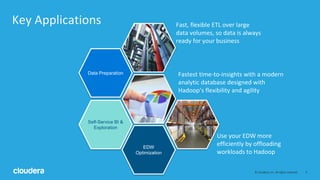4© Cloudera, Inc. All rights reserved.
Key Applications
EDW
Optimization
Data Preparation
Self-Service BI &
Exploration
Use your EDW more
efficiently by offloading
workloads to Hadoop
Fast, flexible ETL over large
data volumes, so data is always
ready for your business
Fastest time-to-insights with a modern
analytic database designed with
Hadoop’s flexibility and agility
 