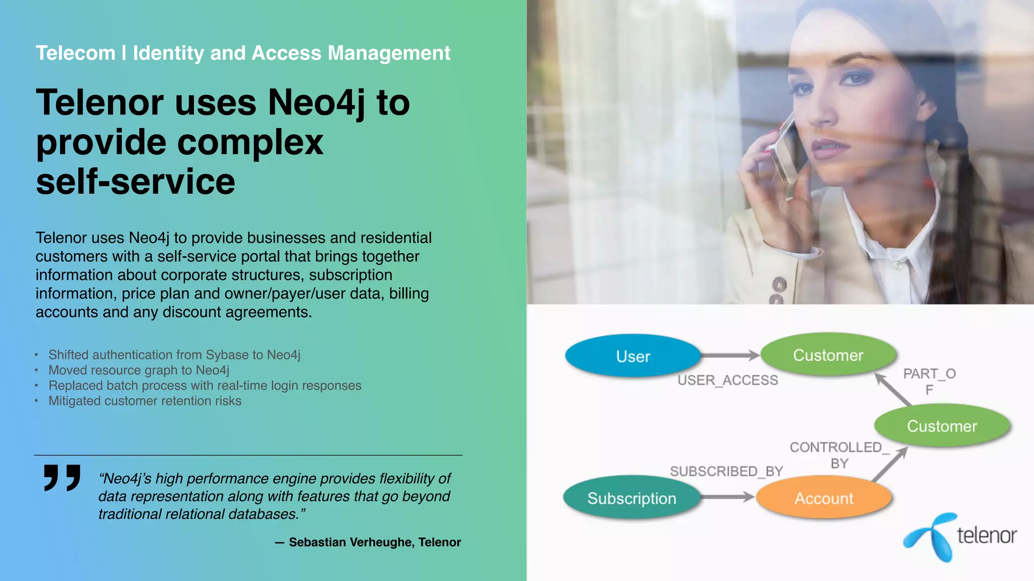 “Neo4j’s high performance engine provides ﬂexibility of
data representation along with features that go beyond
traditional relational databases.”
” — Sebastian Verheughe, Telenor
Telenor uses Neo4j to
provide complex  
self-service
32
Telecom | Identity and Access Management
Telenor uses Neo4j to provide businesses and residential
customers with a self-service portal that brings together
information about corporate structures, subscription
information, price plan and owner/payer/user data, billing
accounts and any discount agreements.
• Shifted authentication from Sybase to Neo4j
• Moved resource graph to Neo4j
• Replaced batch process with real-time login responses
• Mitigated customer retention risks
 