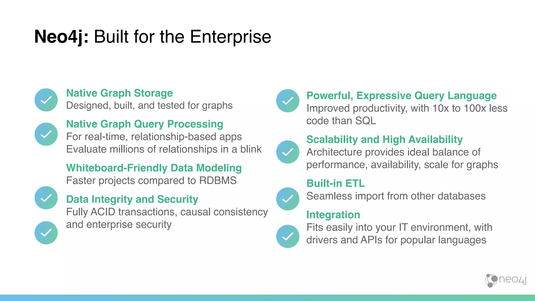 Native Graph Storage 
Designed, built, and tested for graphs
Native Graph Query Processing 
For real-time, relationship-based apps 
Evaluate millions of relationships in a blink
Whiteboard-Friendly Data Modeling 
Faster projects compared to RDBMS
Data Integrity and Security 
Fully ACID transactions, causal consistency
and enterprise security
Powerful, Expressive Query Language 
Improved productivity, with 10x to 100x less
code than SQL
Scalability and High Availability 
Architecture provides ideal balance of
performance, availability, scale for graphs
Built-in ETL 
Seamless import from other databases
Integration 
Fits easily into your IT environment, with 
drivers and APIs for popular languages
Neo4j: Built for the Enterprise
 