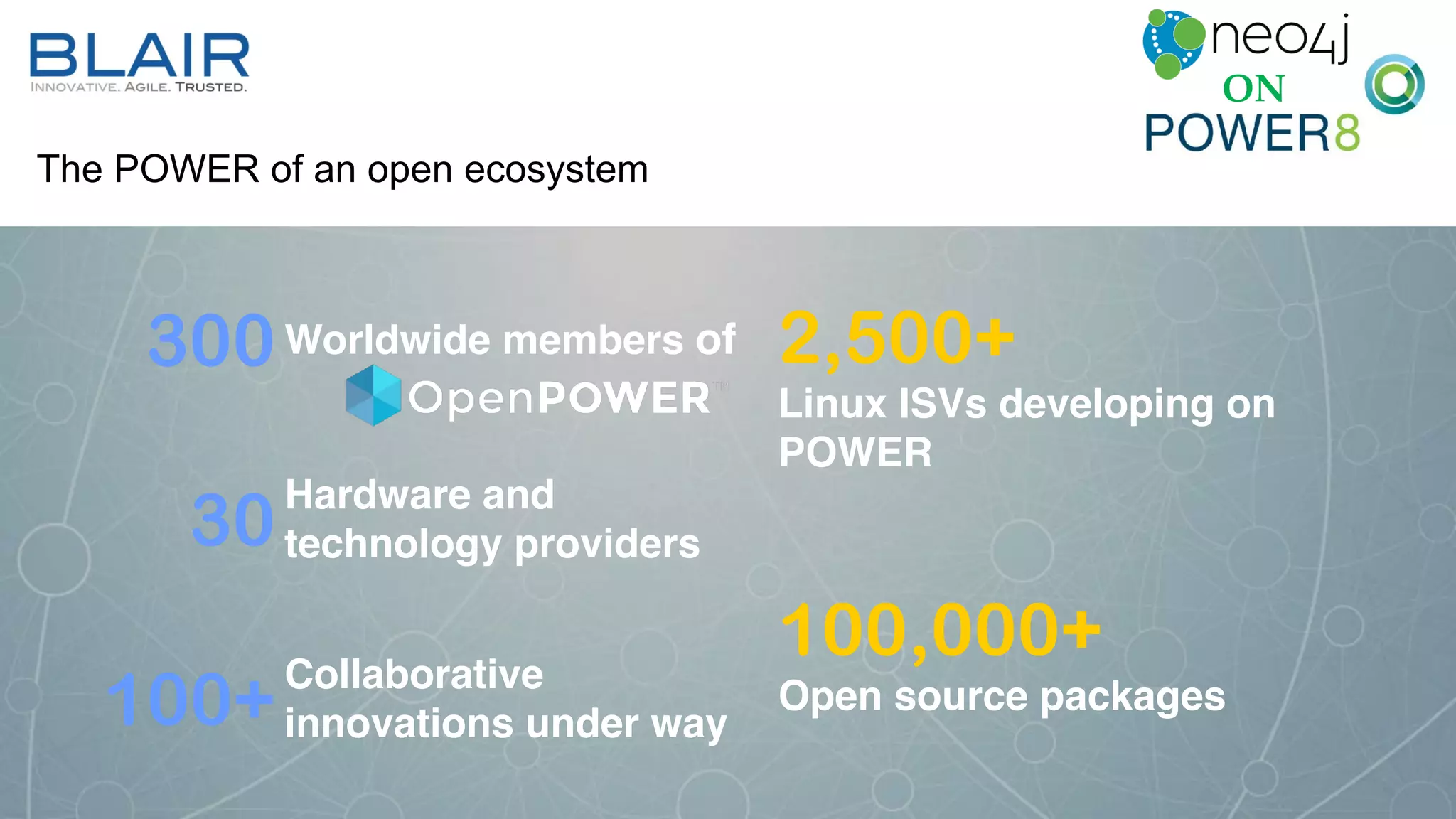 The POWER of an open ecosystem
ON
300Worldwide members of 2,500+
Linux ISVs developing on
POWER
30
Hardware and
technology providers
100,000+
Open source packages100+
Collaborative
innovations under way
 