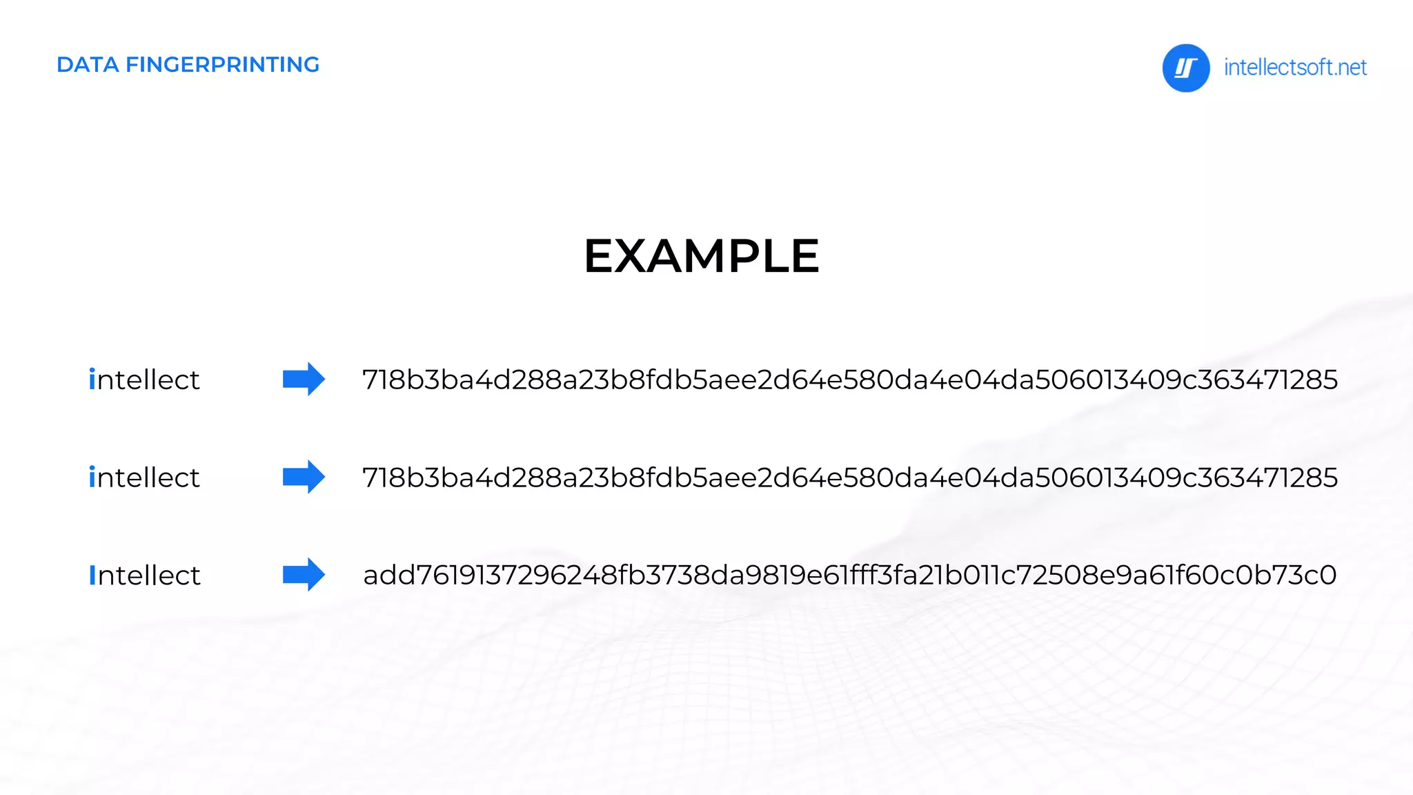 DATA FINGERPRINTING
intellect 718b3ba4d288a23b8fdb5aee2d64e580da4e04da506013409c363471285
718b3ba4d288a23b8fdb5aee2d64e580da4e04da506013409c363471285
add7619137296248fb3738da9819e61fff3fa21b011c72508e9a61f60c0b73c0
intellect
Intellect
EXAMPLE
 