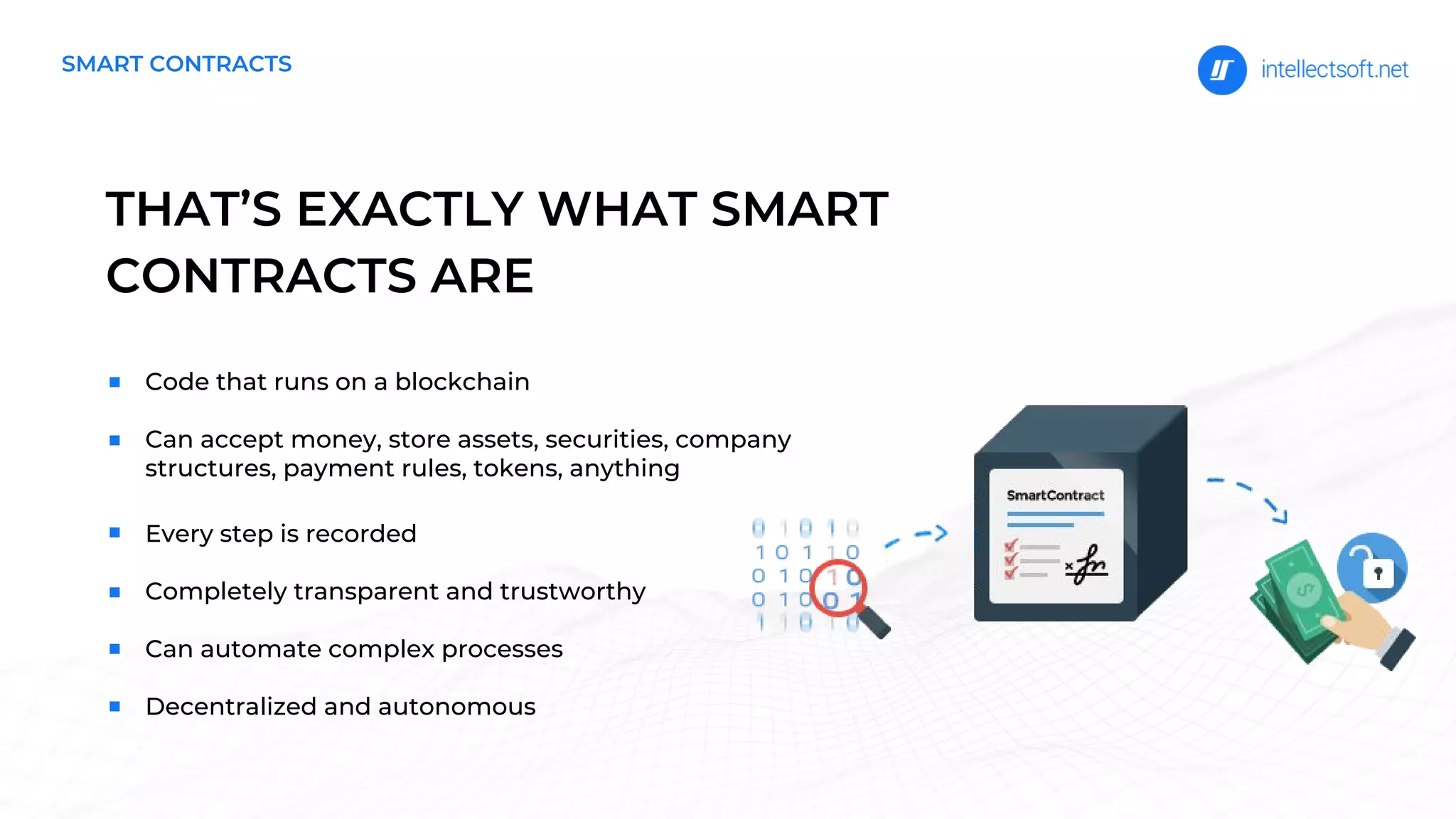 Code that runs on a blockchain
Can accept money, store assets, securities, company
structures, payment rules, tokens, anything
THAT’S EXACTLY WHAT SMART
CONTRACTS ARE
SMART CONTRACTS
Every step is recorded
Completely transparent and trustworthy
Can automate complex processes
Decentralized and autonomous
 