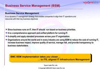 BMC BSM implementation takes you closer… …  to ITIL aligned IT Infrastructure Management Since business runs on IT, then IT should  run based on business priorities.  It is a comprehensive approach and unified platform for running IT. It simplify and apply standard processes across your IT organization. Organizations around the world and in every industry are using BSM to reduce the cost of running IT, increase business impact, improve quality of service, manage risk, and provide transparency to business stakeholders .  Business Service Management (BSM) Business Service Management  It is a dynamic IT management strategy that enables companies to align their IT operations and resources with their key business objectives 