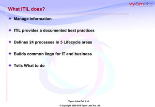 What ITIL does? Manage information ITIL provides a documented best practices Defines 24 processes in 5 Lifecycle areas Builds common lingo for IT and business Tells What to do 