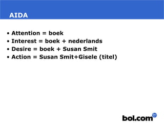 AIDA
• Attention = boek
• Interest = boek + nederlands
• Desire = boek + Susan Smit
• Action = Susan Smit+Gisele (titel)
 