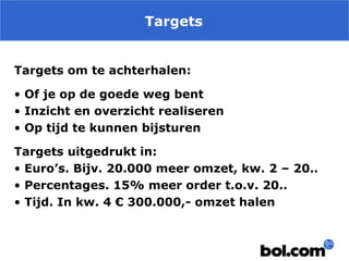 Targets
Targets om te achterhalen:
• Of je op de goede weg bent
• Inzicht en overzicht realiseren
• Op tijd te kunnen bijsturen
Targets uitgedrukt in:
• Euro’s. Bijv. 20.000 meer omzet, kw. 2 – 20..
• Percentages. 15% meer order t.o.v. 20..
• Tijd. In kw. 4 € 300.000,- omzet halen

 