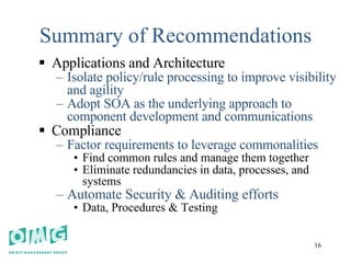 Summary of Recommendations Applications and Architecture Isolate policy/rule processing to improve visibility and agility Adopt SOA as the underlying approach to component development and communications Compliance Factor requirements to leverage commonalities Find common rules and manage them together Eliminate redundancies in data, processes, and systems Automate Security & Auditing efforts Data, Procedures & Testing 