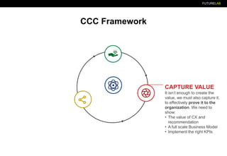FUTURELAB
CAPTURE VALUE
It isn’t enough to create the
value, we must also capture it,
to effectively prove it to the
organization. We need to
show:
• The value of CX and
recommendation
• A full scale Business Model
• Implement the right KPIs
CCC Framework
 