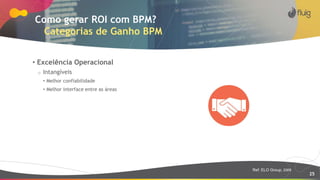 25
Como gerar ROI com BPM?
Categorias de Ganho BPM
• Excelência Operacional
o Intangíveis
• Melhor confiabilidade
• Melhor interface entre as áreas
Ref: ELO Group, 2009
 
