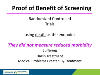 Randomized Controlled
Trials
using death as the endpoint
They did not measure reduced morbidity
Suffering
Harsh Treatment
Medical Problems Created By Treatment
Proof of Benefit of Screening
 
