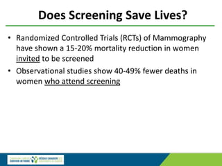 Does Screening Save Lives?
• Randomized Controlled Trials (RCTs) of Mammography
have shown a 15-20% mortality reduction in women
invited to be screened
• Observational studies show 40-49% fewer deaths in
women who attend screening
 